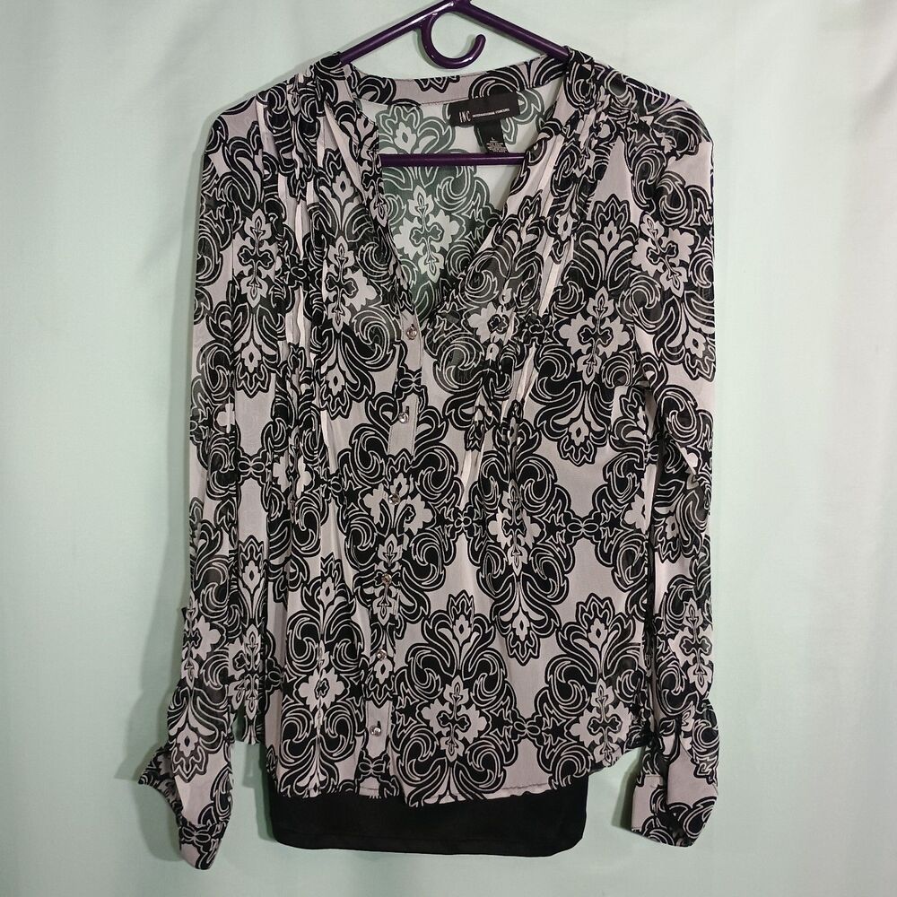 Women's Black White Damask Print Blouse Long Sleeve V Neck Dressy Top